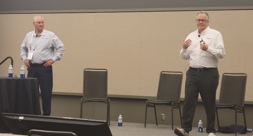 Domino's Gary Peterson (L) and Avery Dennison's Eric Ferguson address Sunrise 2027.